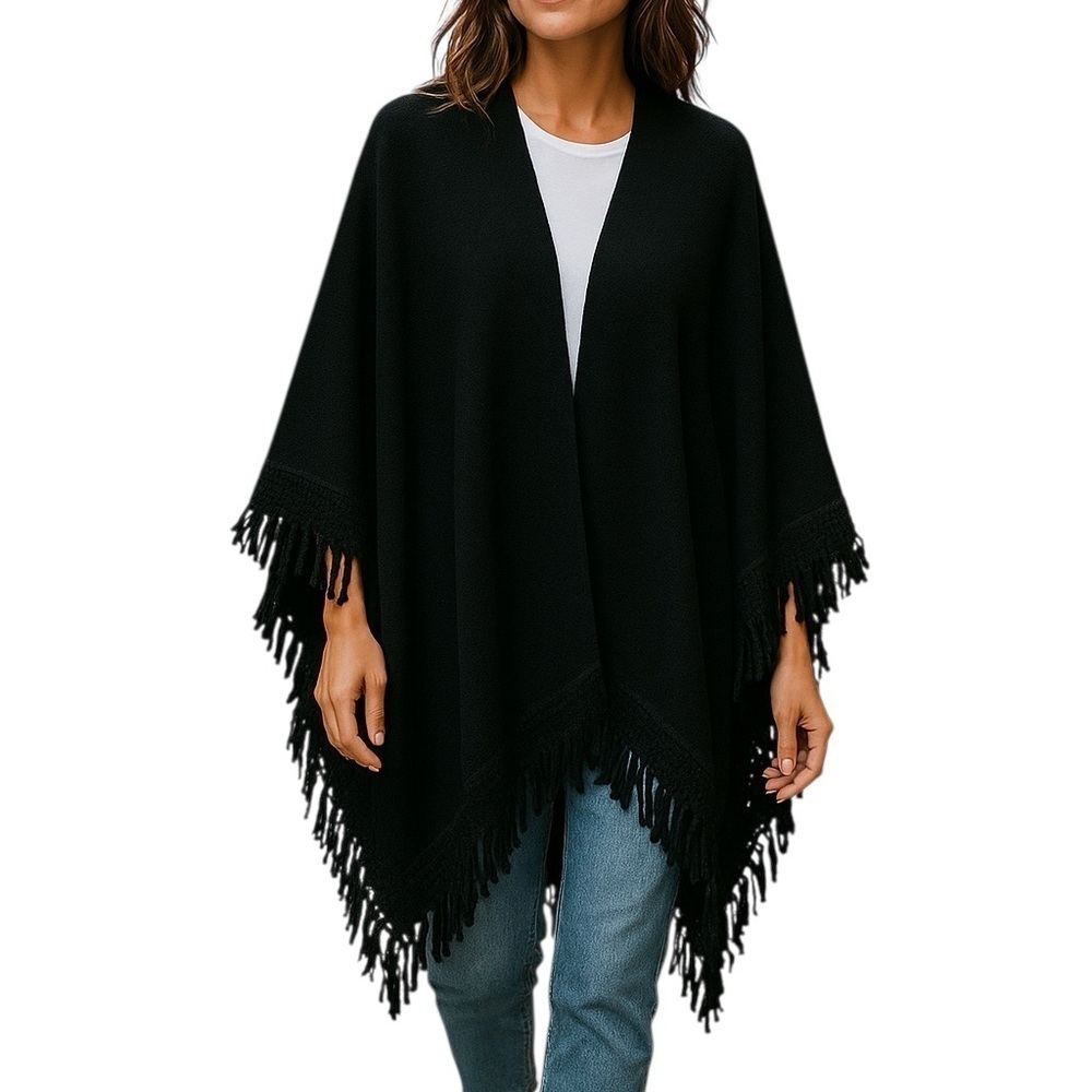 Vintage Made In Italy Mernio Wool Black Fringe Poncho Boho minimalist One Size
